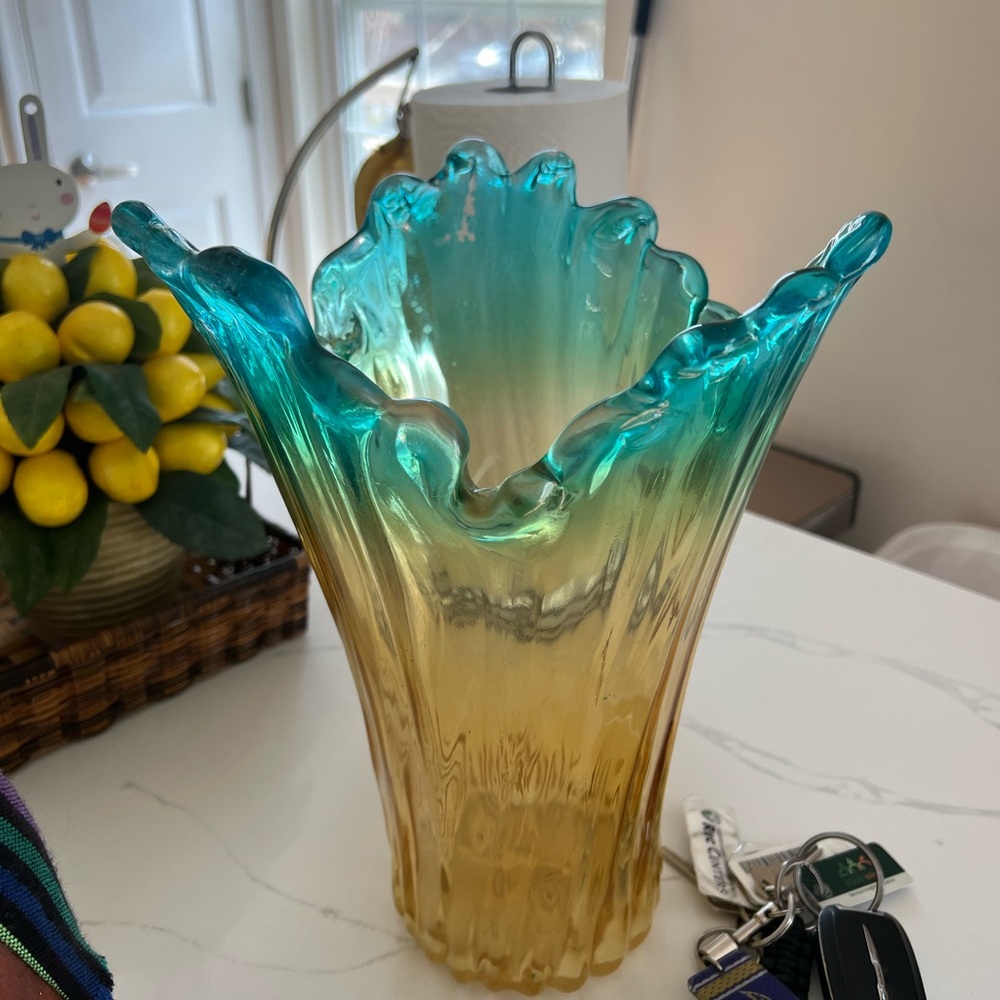 Vintage Murano-Style Hand-Blown Art Glass Vase – Aqua & Amber